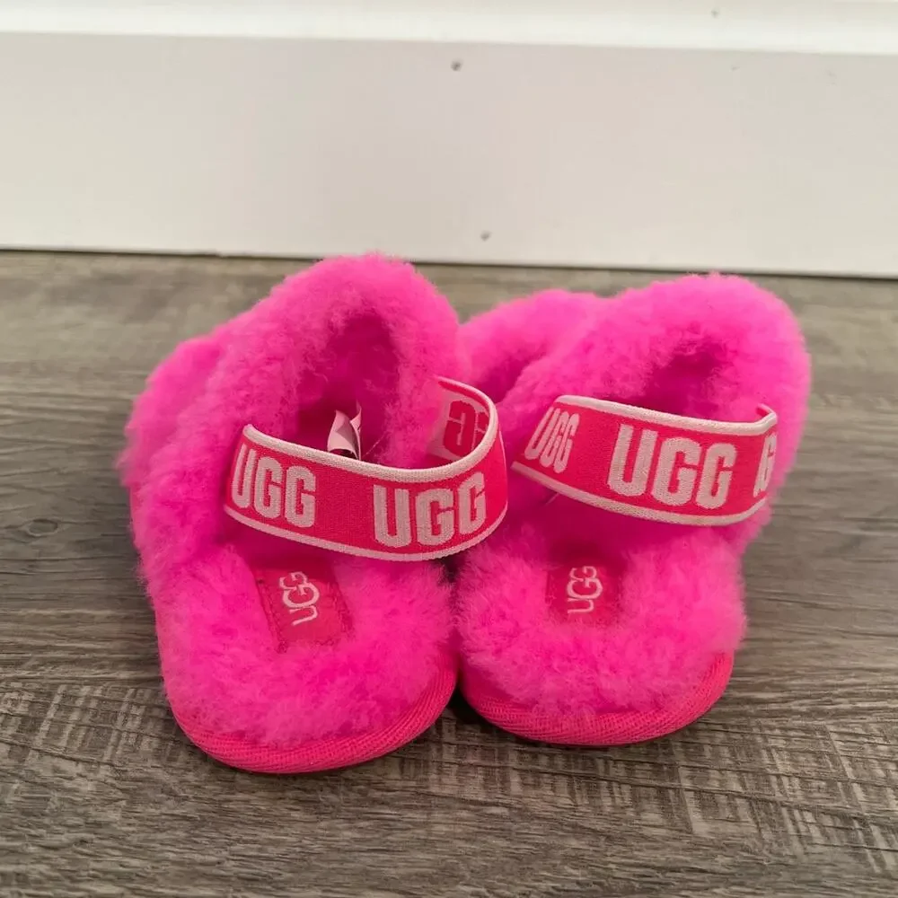 NEW‎ UGG Fluff Yeah Slingback Slide Slippers Girls Size 8 Hot Pink Sheepskin